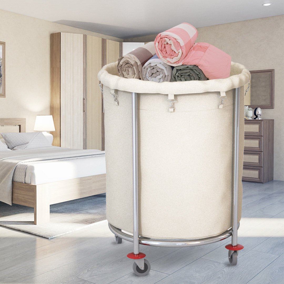 NNEAGS 2X Stainless Steel Round Soiled Linen Laundry Trolley Cart with Wheels White