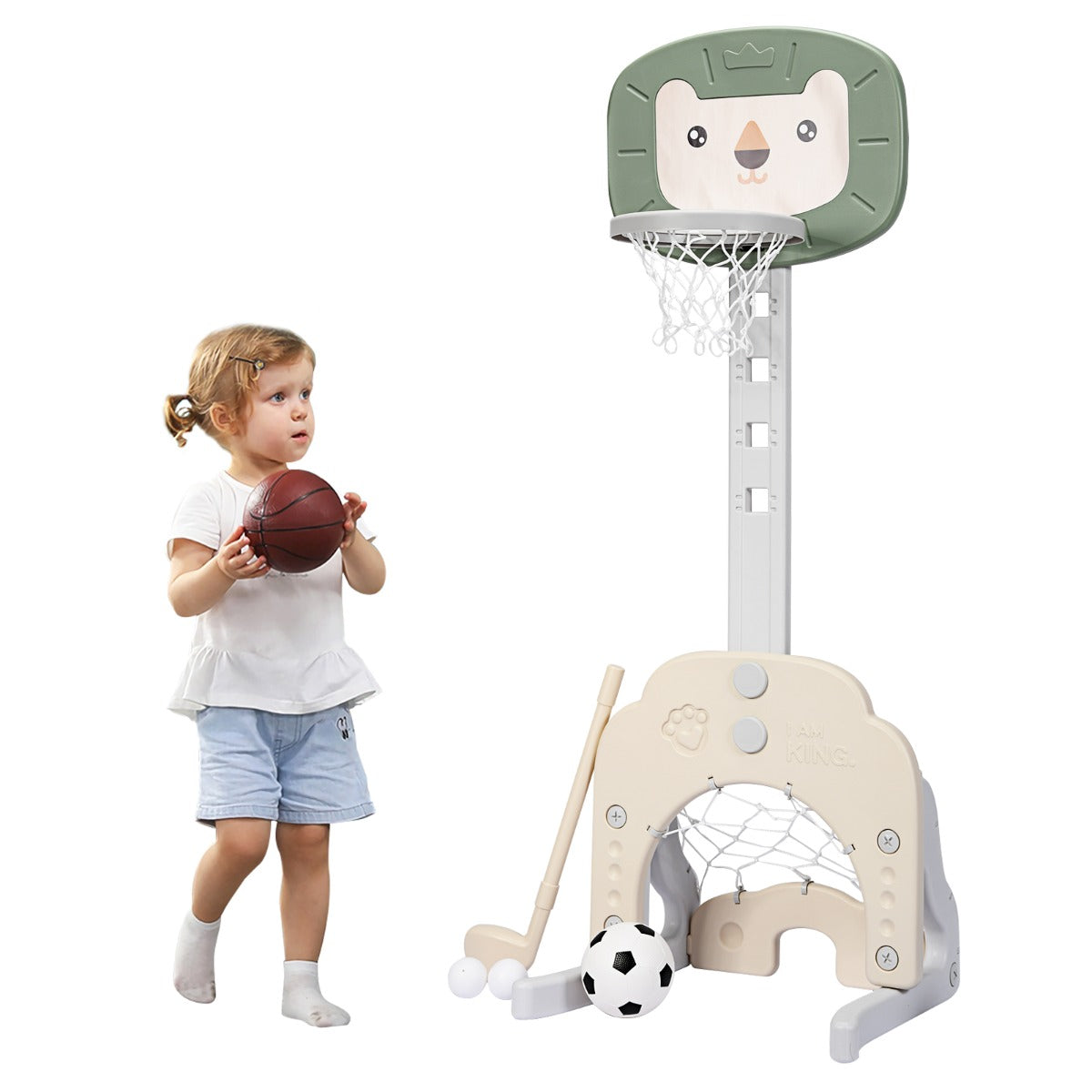 NNECW 3-In-1 Children's Playground with Height-Adjustable Basketball Stand Green